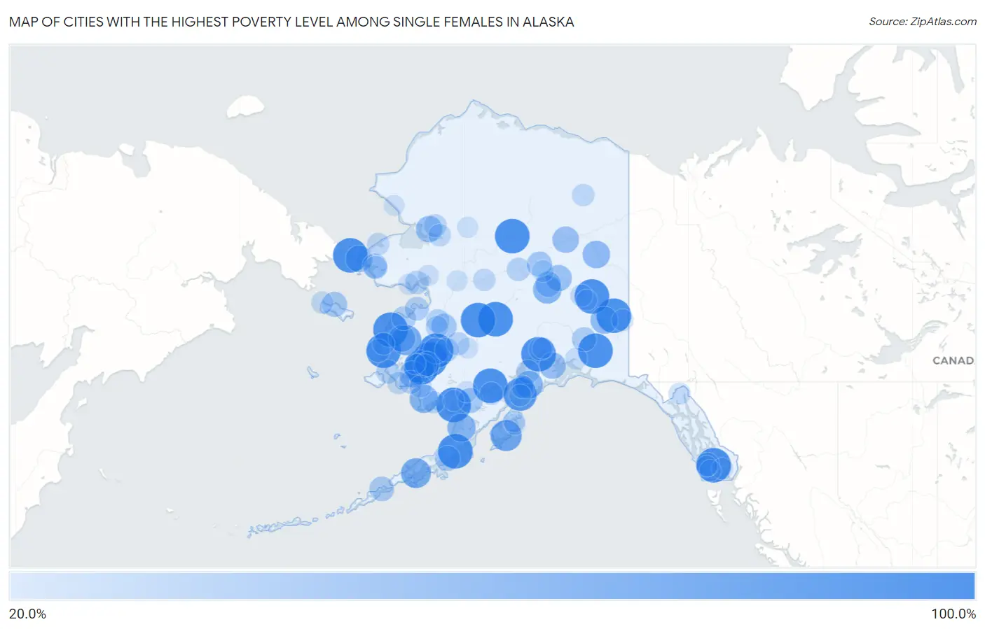 Cities with the Highest Poverty Level Among Single Females in Alaska Map