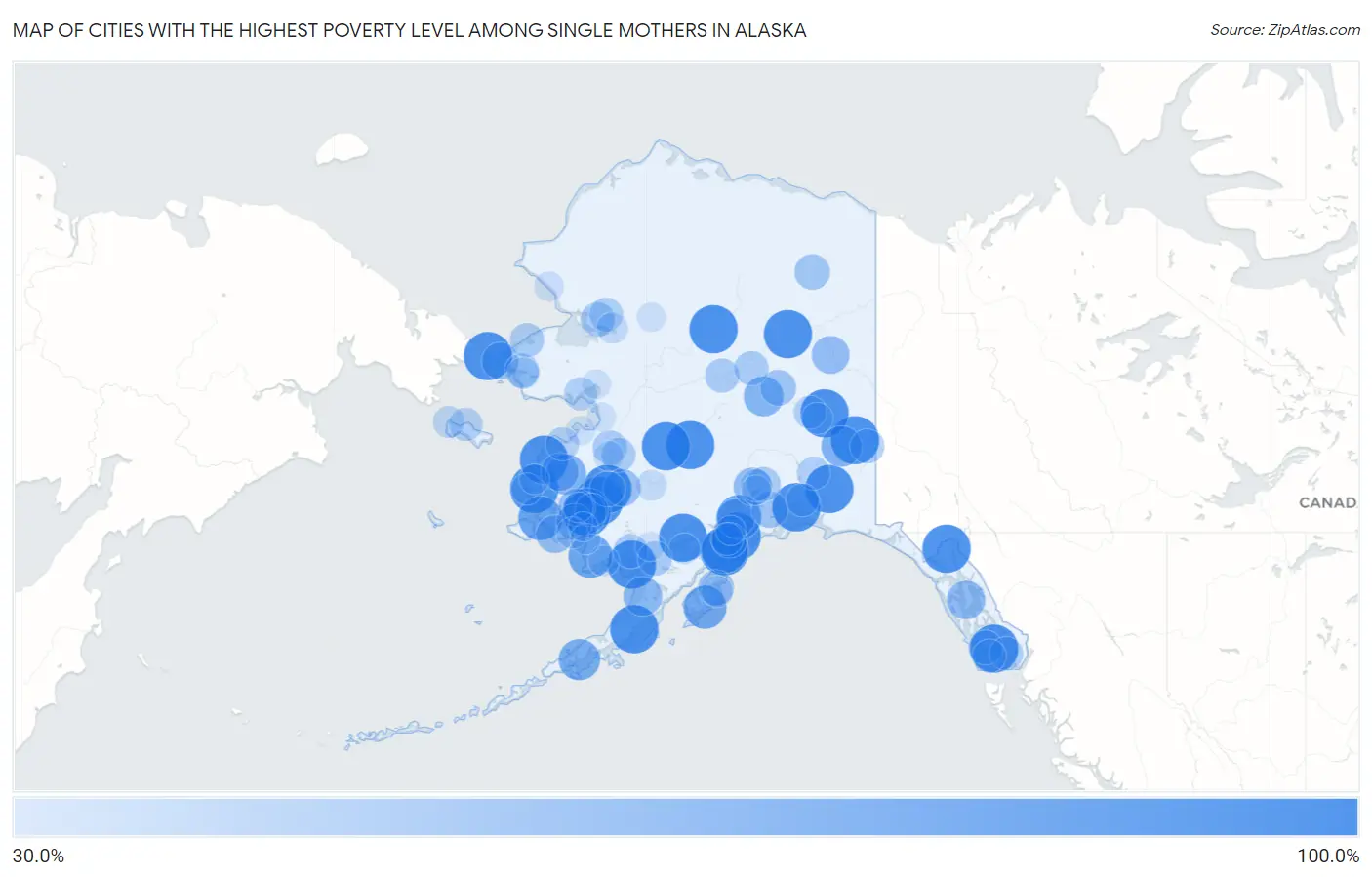 Cities with the Highest Poverty Level Among Single Mothers in Alaska Map