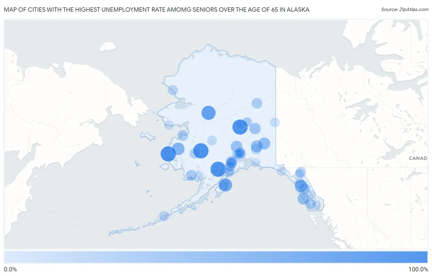 Cities with the Highest Unemployment Rate Amomg Seniors Over the Age of 65 in Alaska Map