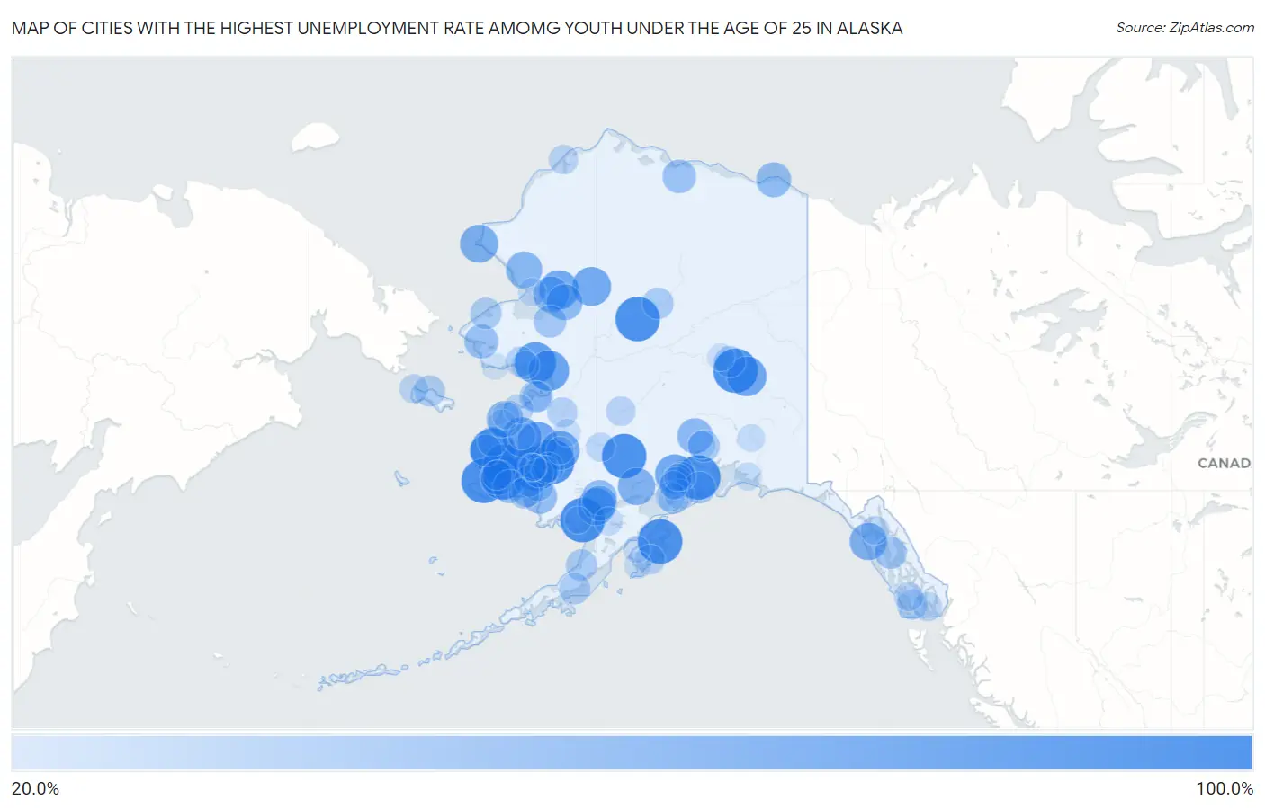 Cities with the Highest Unemployment Rate Amomg Youth Under the Age of 25 in Alaska Map