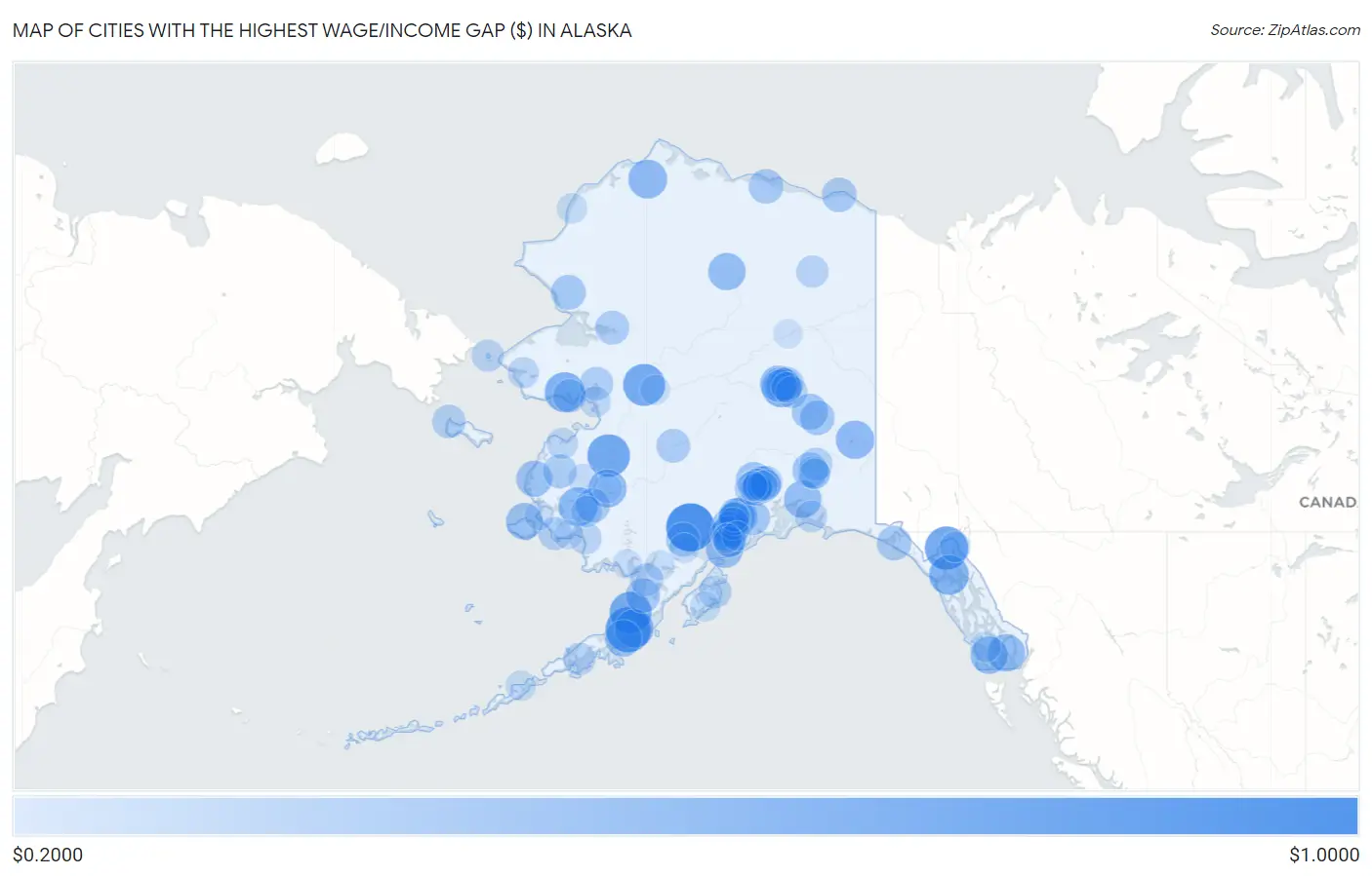 Cities with the Highest Wage/Income Gap ($) in Alaska Map