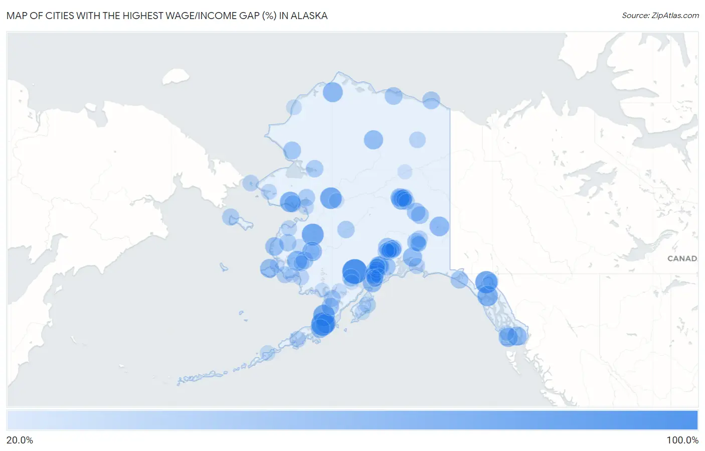 Cities with the Highest Wage/Income Gap (%) in Alaska Map