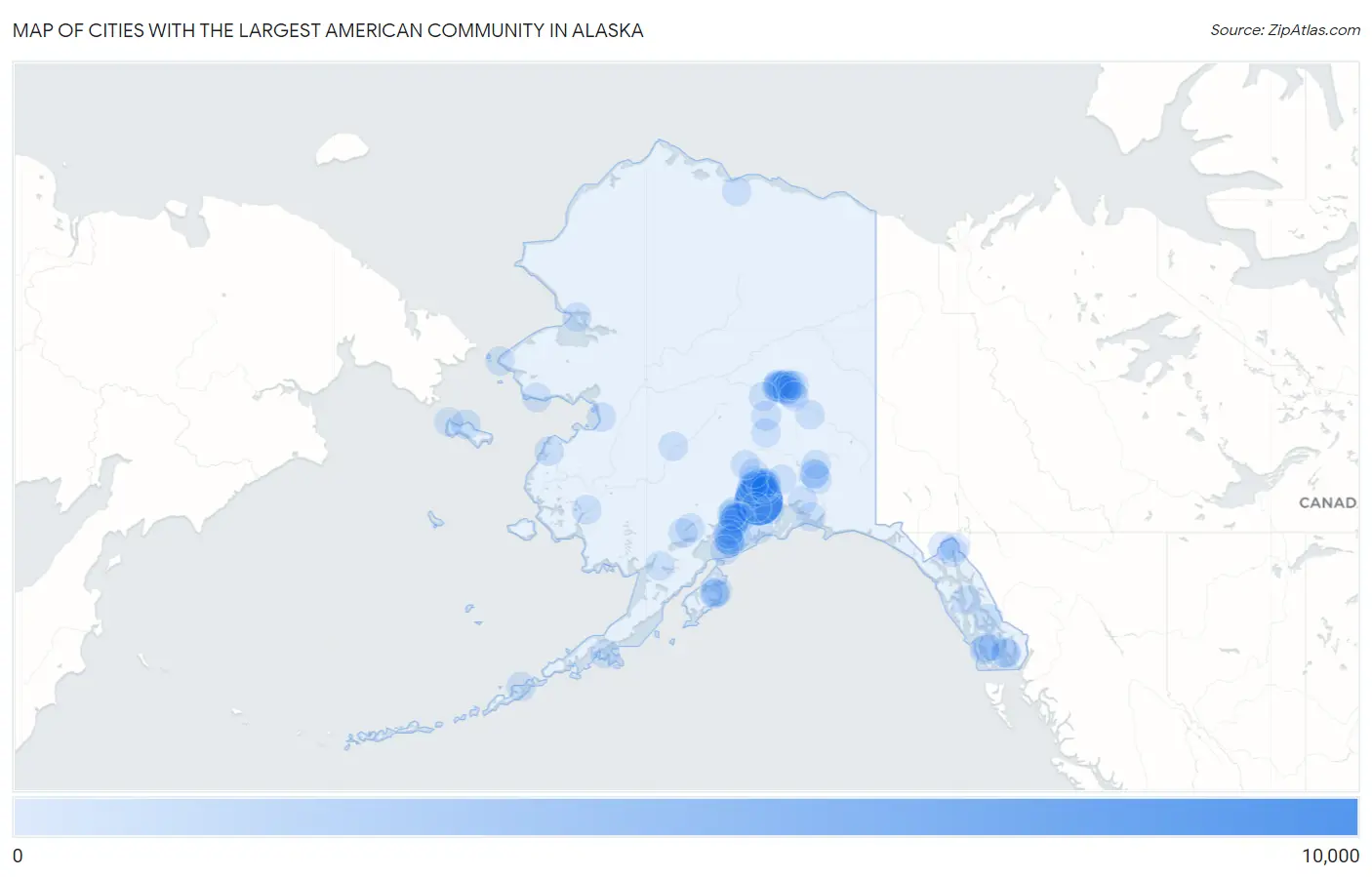 Cities with the Largest American Community in Alaska Map