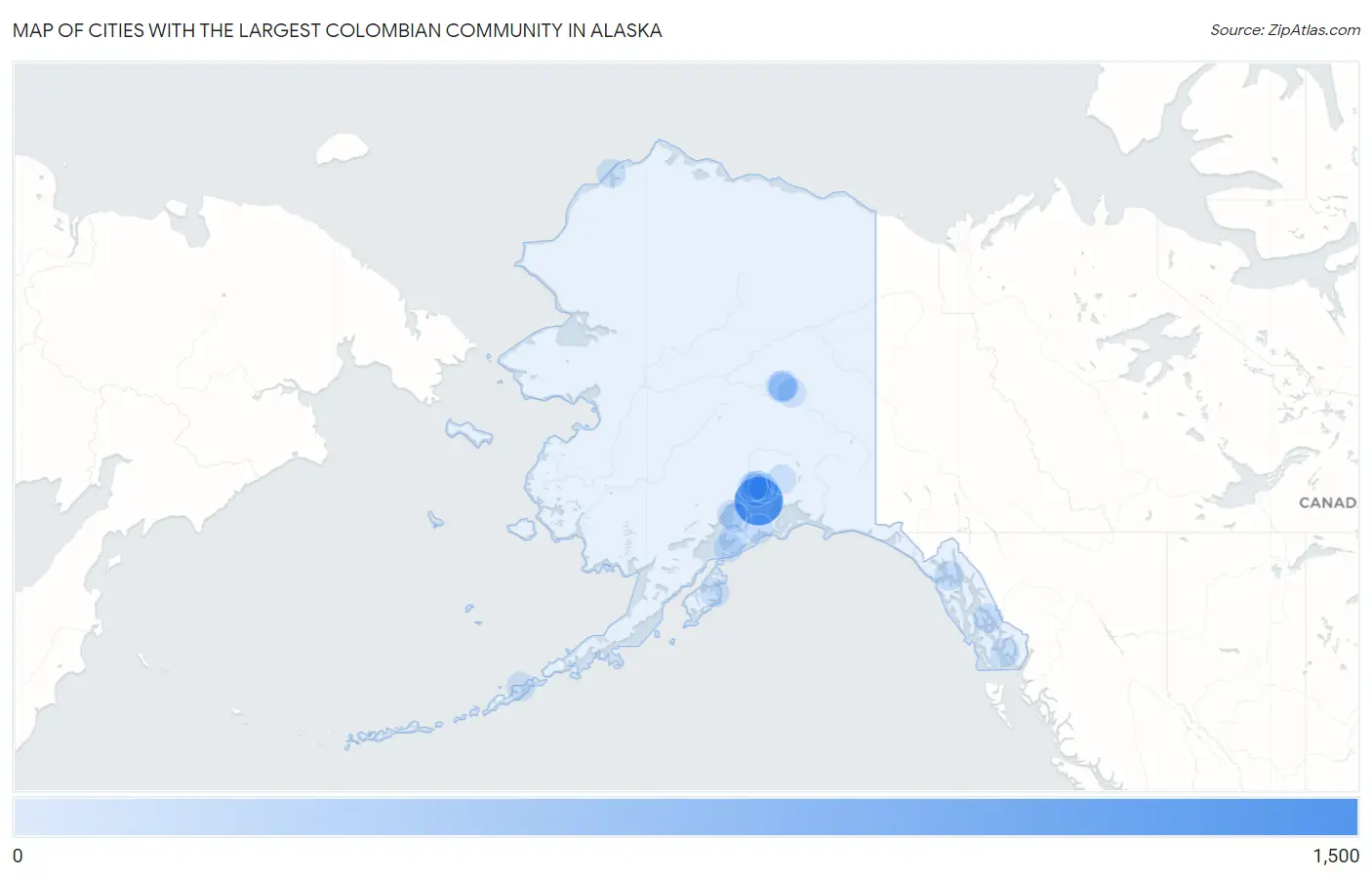 Cities with the Largest Colombian Community in Alaska Map