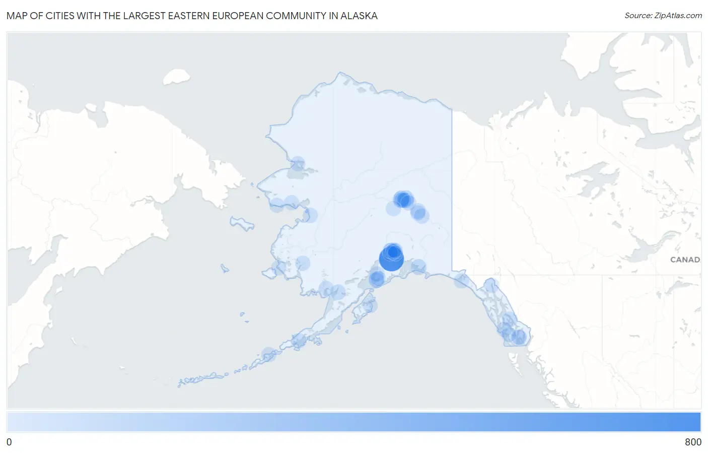 Cities with the Largest Eastern European Community in Alaska Map