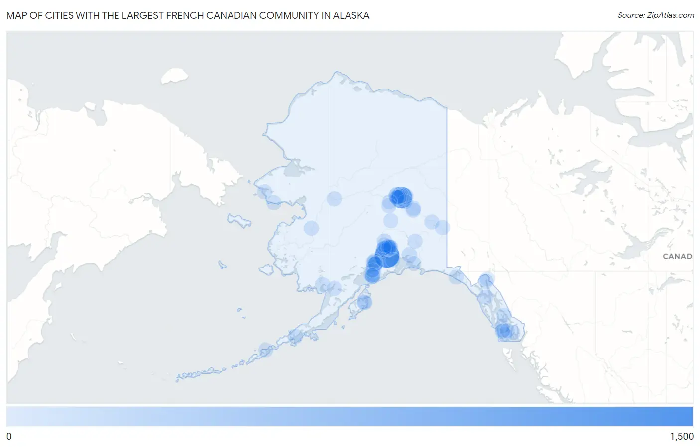 Cities with the Largest French Canadian Community in Alaska Map