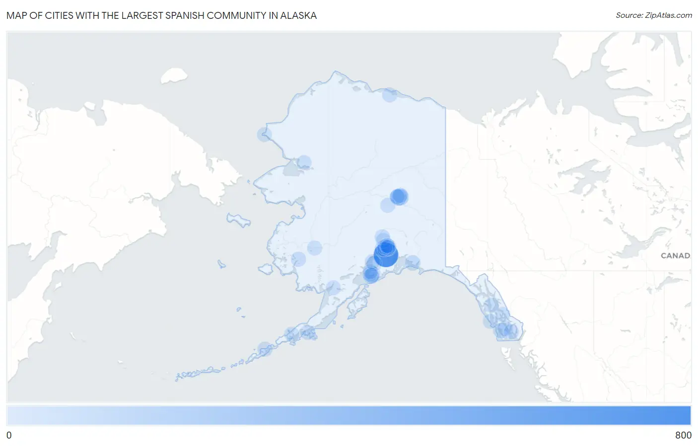 Cities with the Largest Spanish Community in Alaska Map