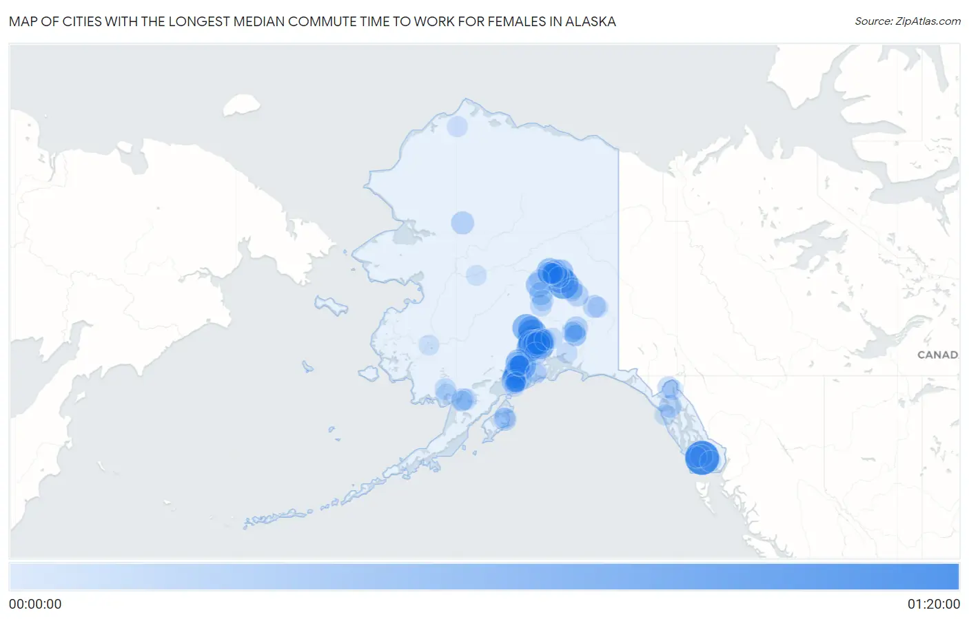 Cities with the Longest Median Commute Time to Work for Females in Alaska Map