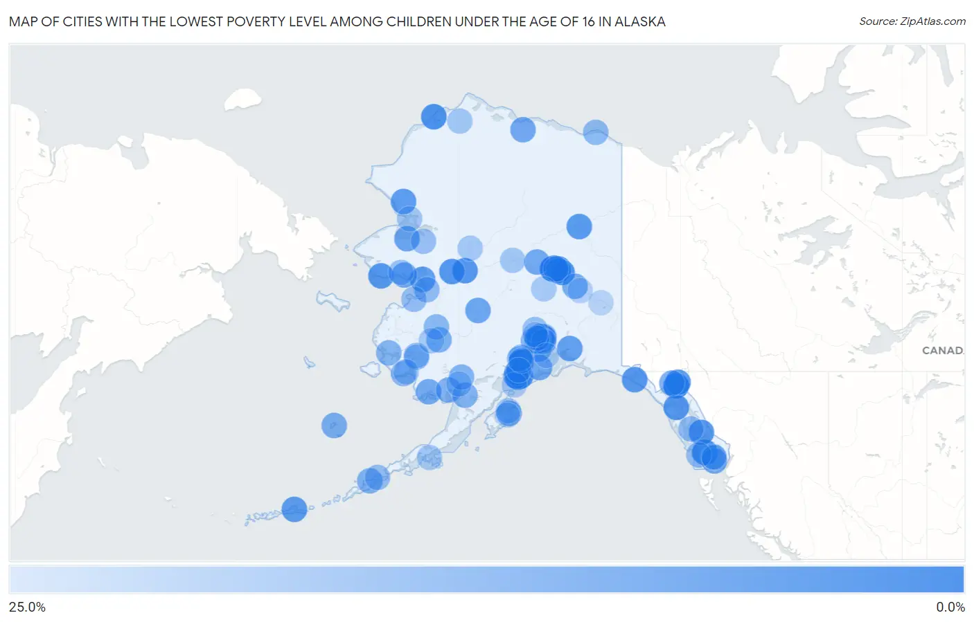Cities with the Lowest Poverty Level Among Children Under the Age of 16 in Alaska Map