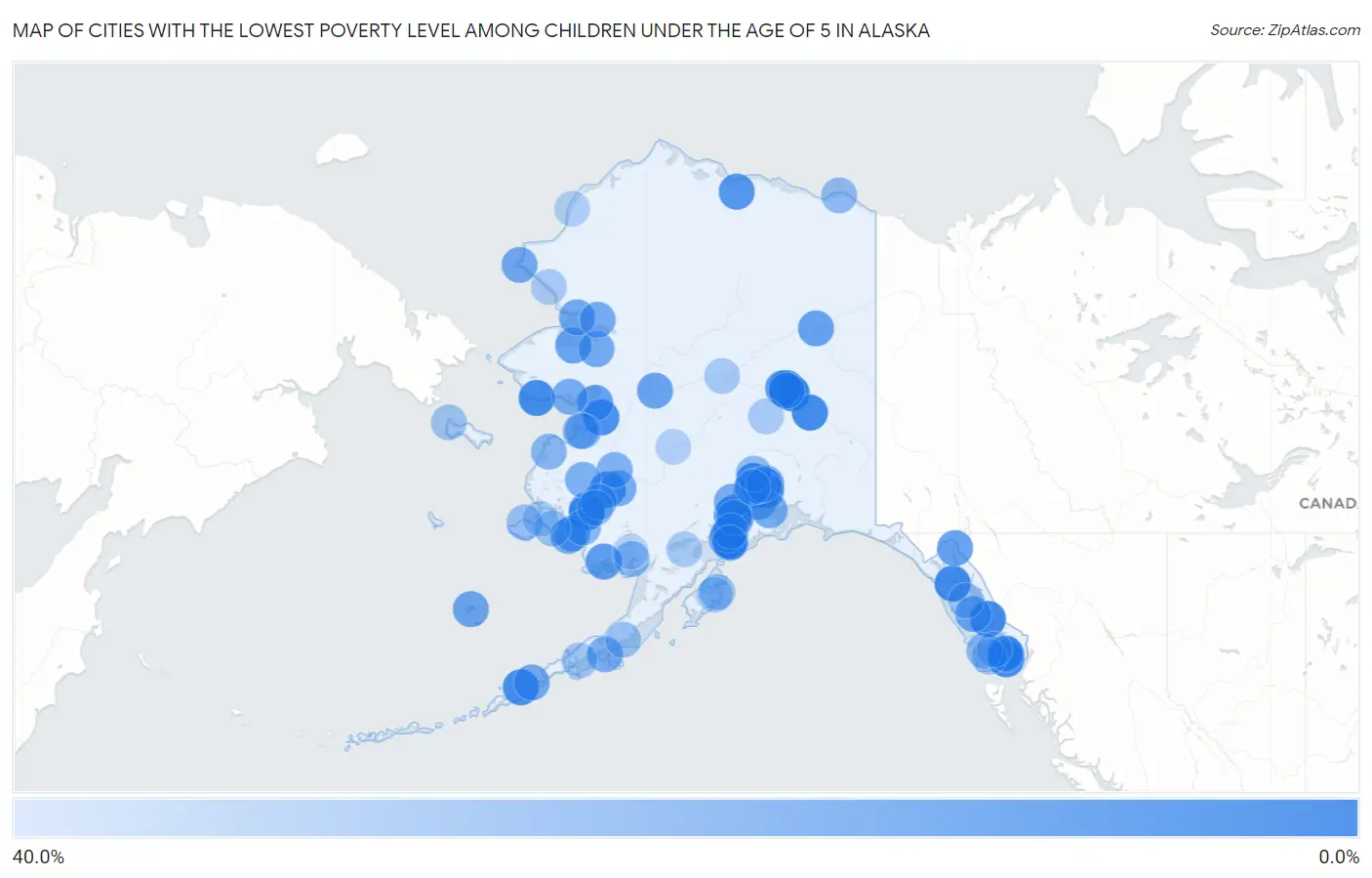 Cities with the Lowest Poverty Level Among Children Under the Age of 5 in Alaska Map