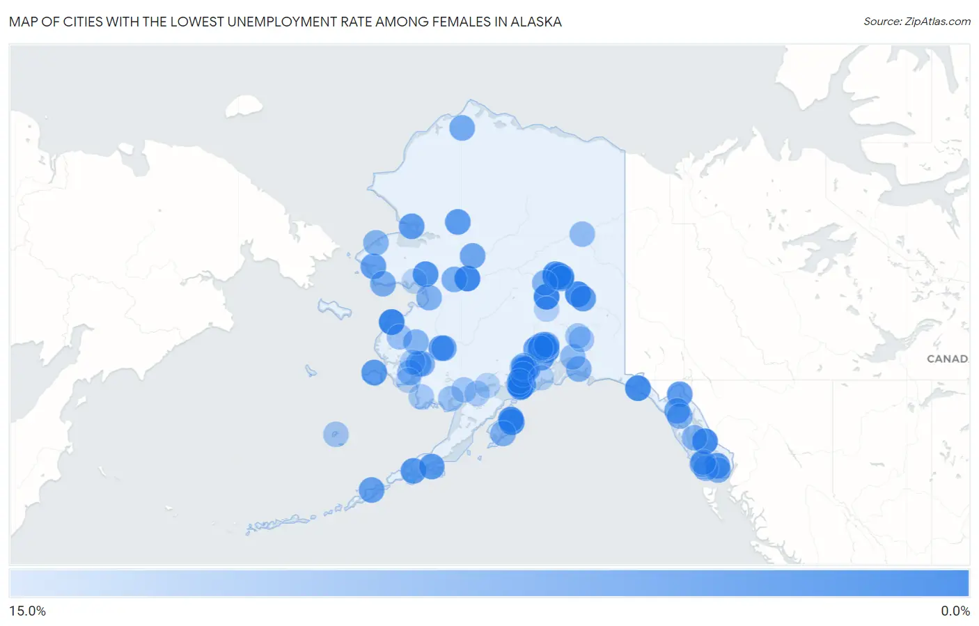 Cities with the Lowest Unemployment Rate Among Females in Alaska Map