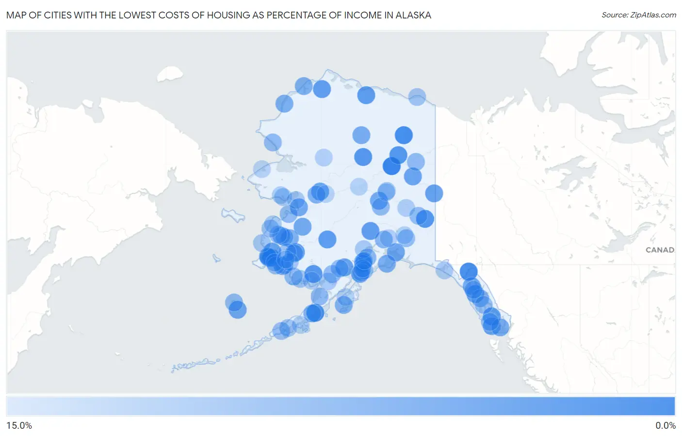 Cities with the Lowest Costs of Housing as Percentage of Income in Alaska Map