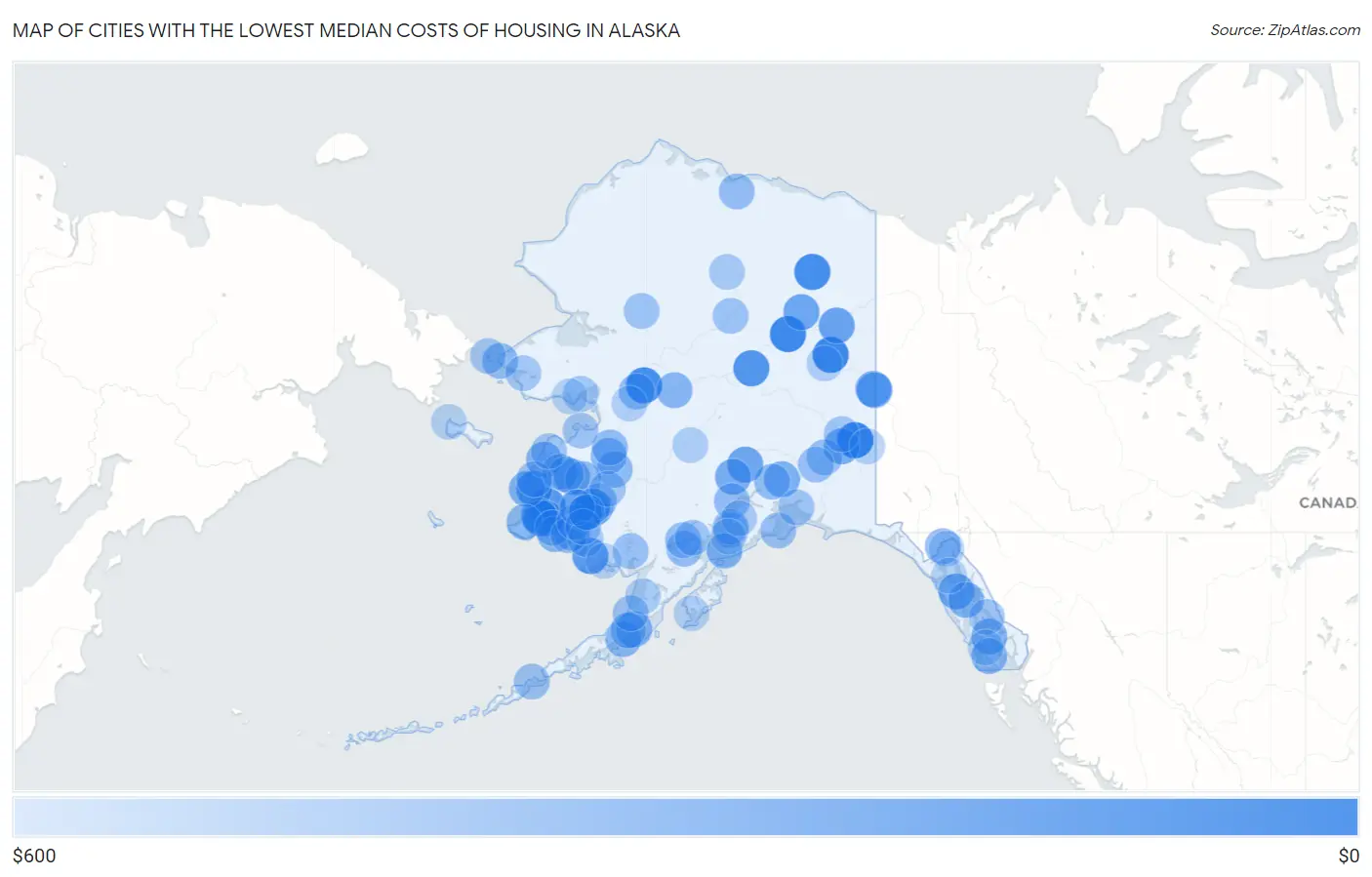 Cities with the Lowest Median Costs of Housing in Alaska Map