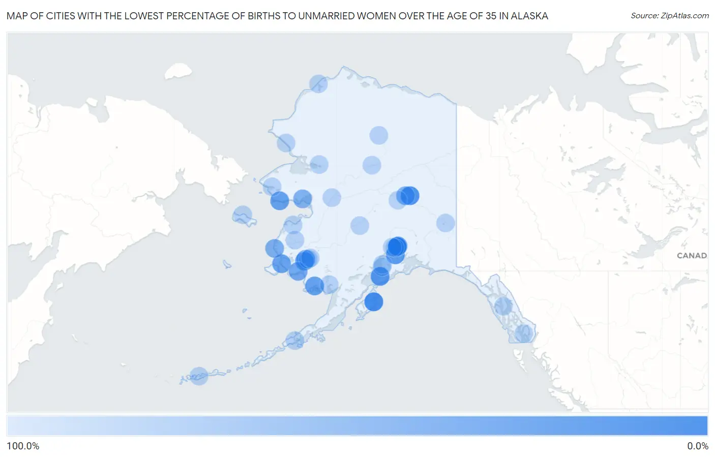 Cities with the Lowest Percentage of Births to Unmarried Women over the Age of 35 in Alaska Map