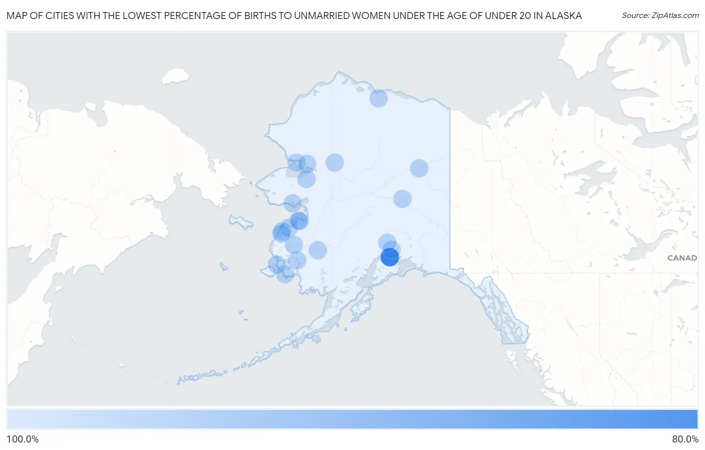 Cities with the Lowest Percentage of Births to Unmarried Women under the Age of under 20 in Alaska Map