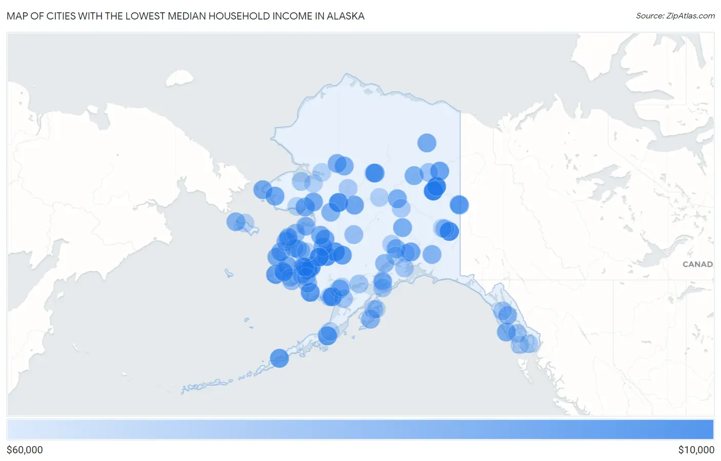 Cities with the Lowest Median Household Income in Alaska Map