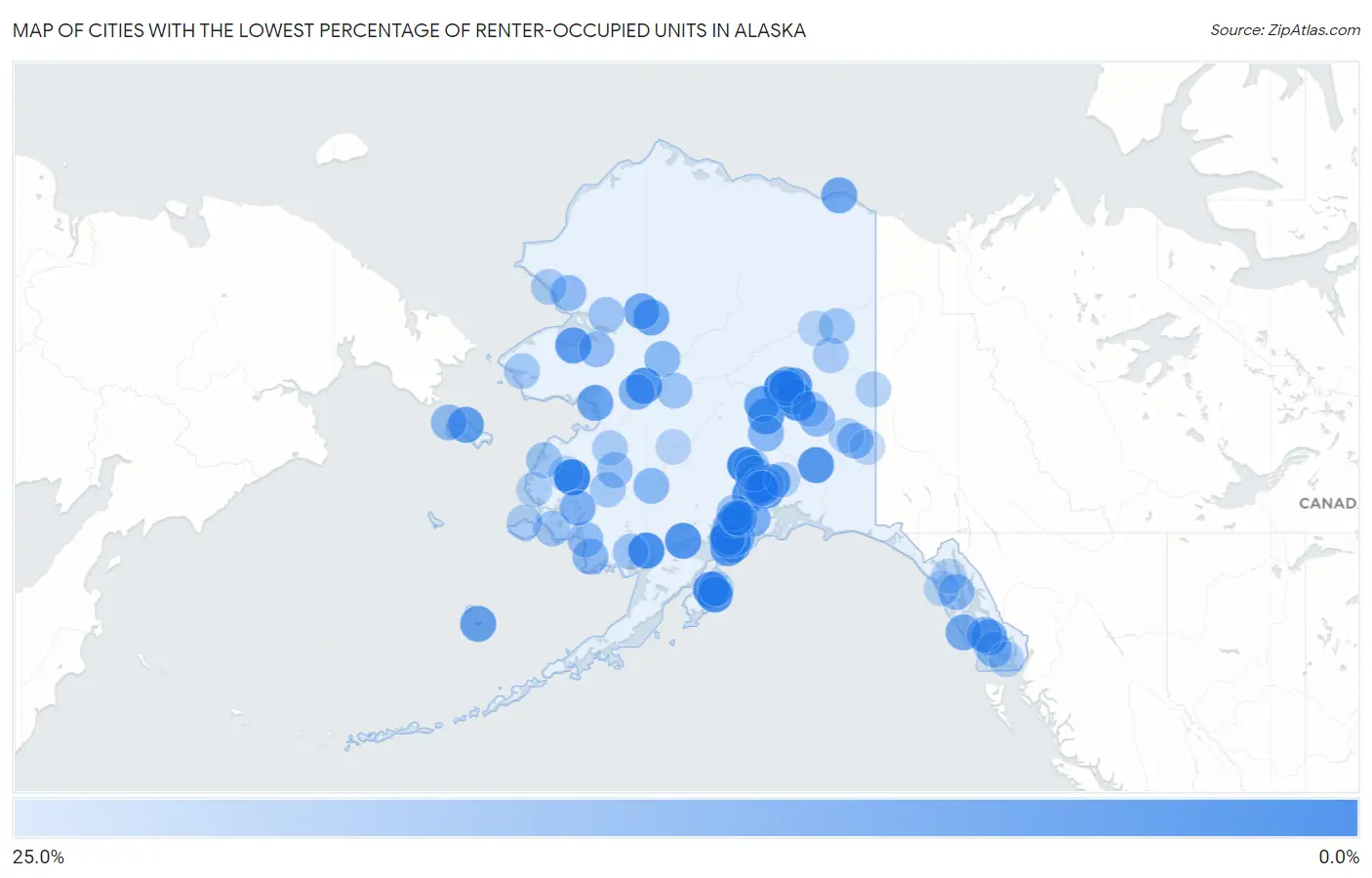 Cities with the Lowest Percentage of Renter-Occupied Units in Alaska Map