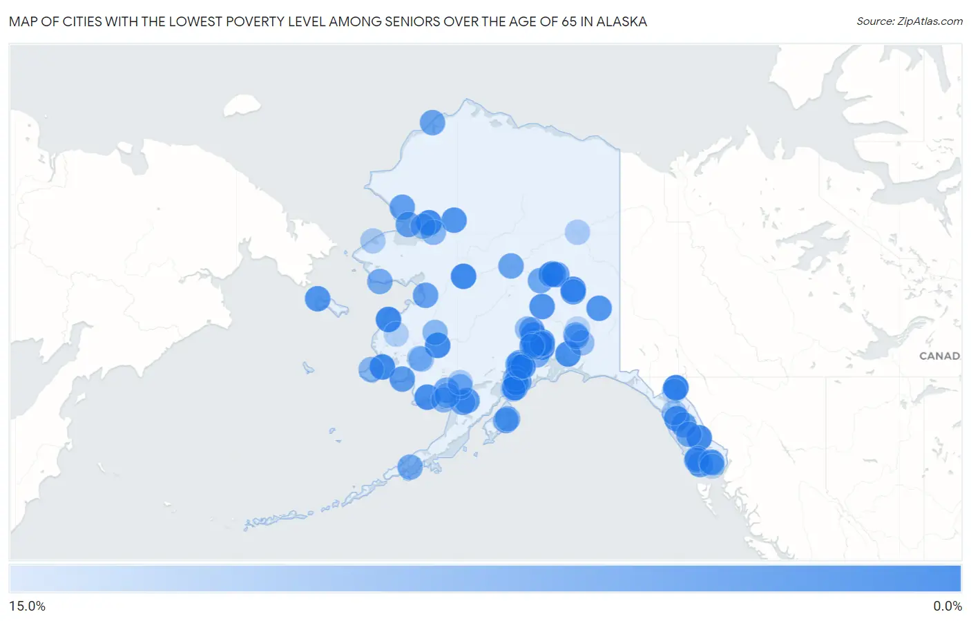 Cities with the Lowest Poverty Level Among Seniors Over the Age of 65 in Alaska Map