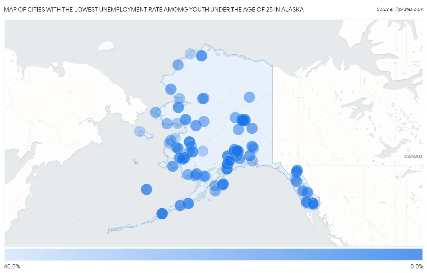 Cities with the Lowest Unemployment Rate Amomg Youth Under the Age of 25 in Alaska Map