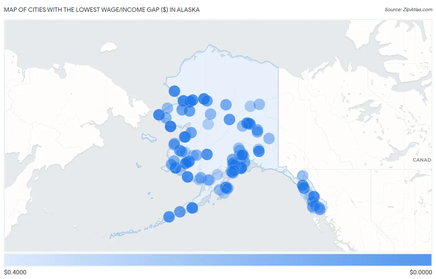 Cities with the Lowest Wage/Income Gap ($) in Alaska Map