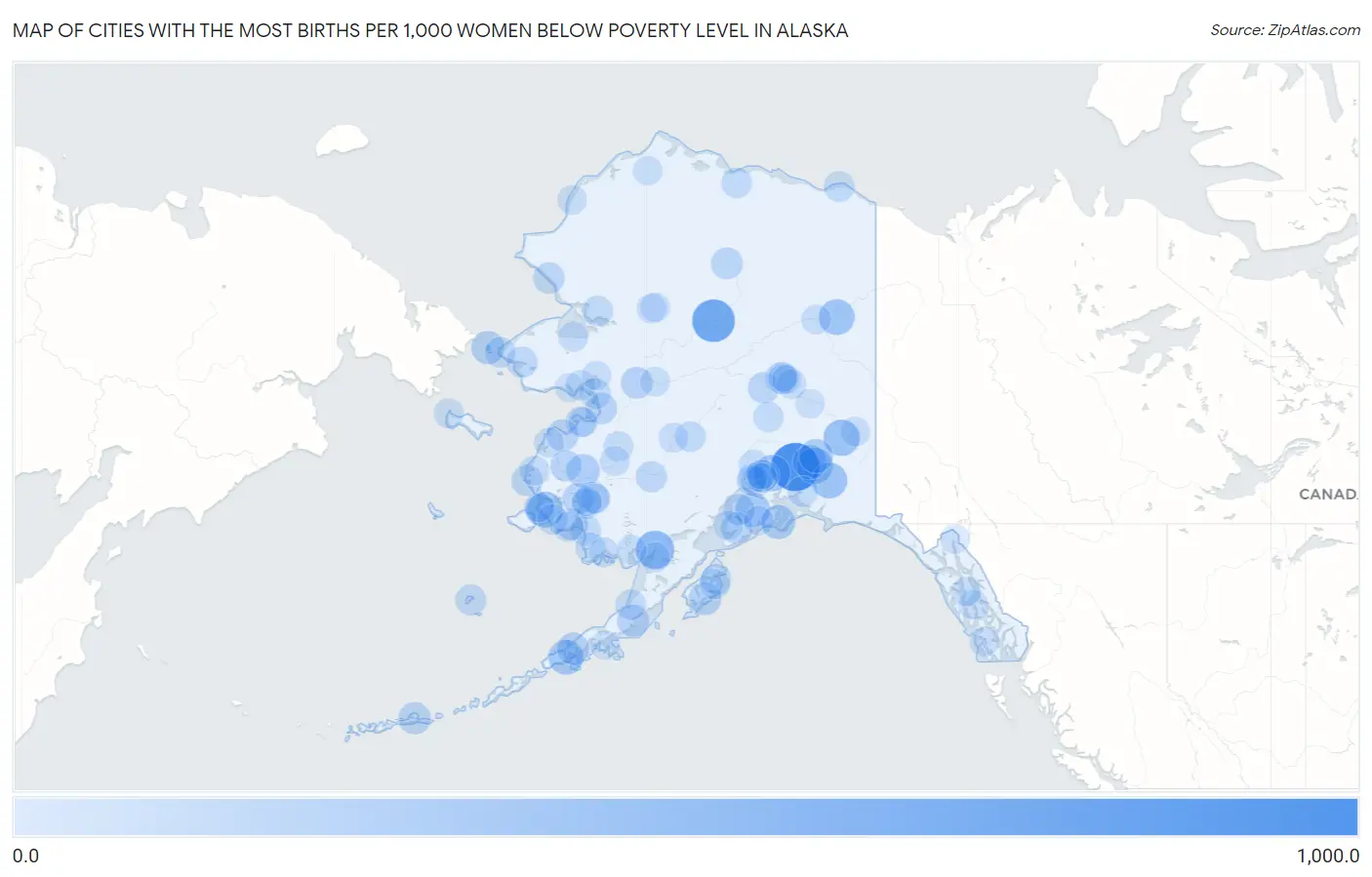 Cities with the Most Births per 1,000 Women Below Poverty Level in Alaska Map