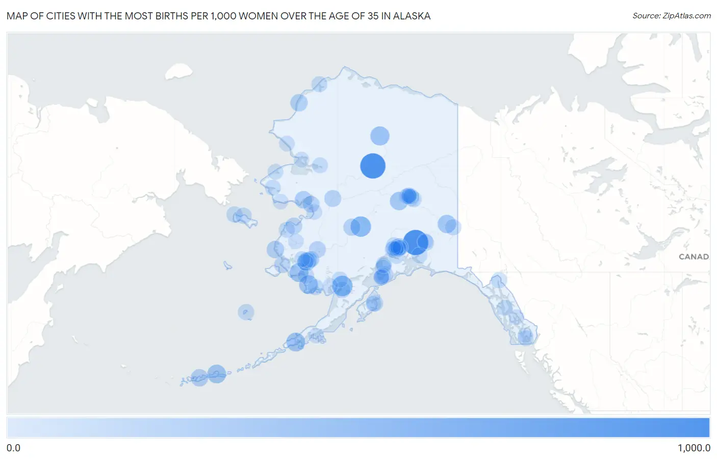 Cities with the Most Births per 1,000 Women Over the Age of 35 in Alaska Map