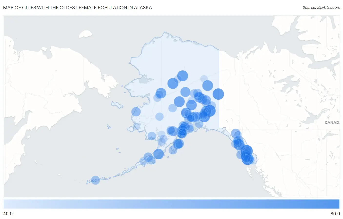 Cities with the Oldest Female Population in Alaska Map