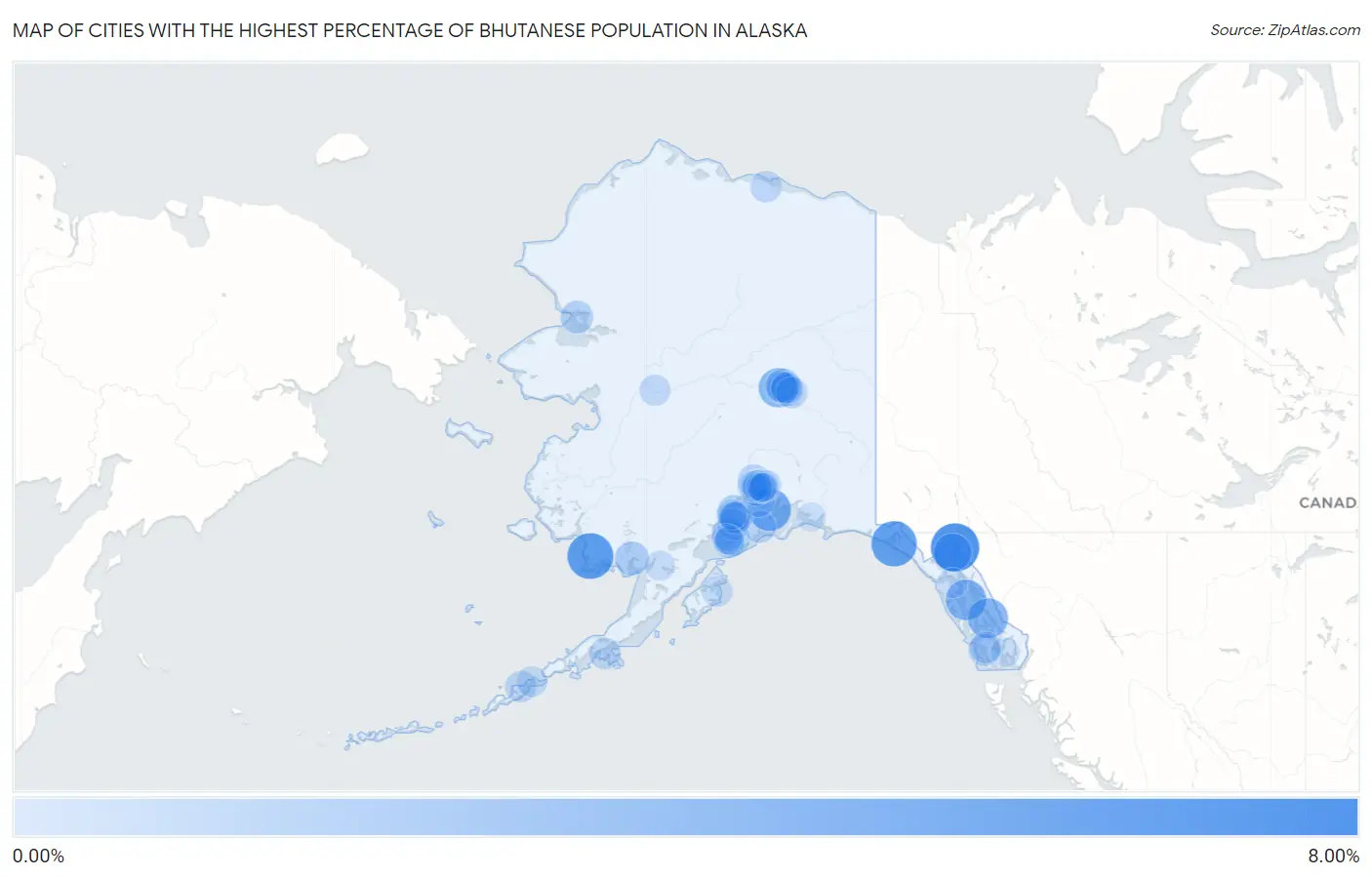 Cities with the Highest Percentage of Bhutanese Population in Alaska Map
