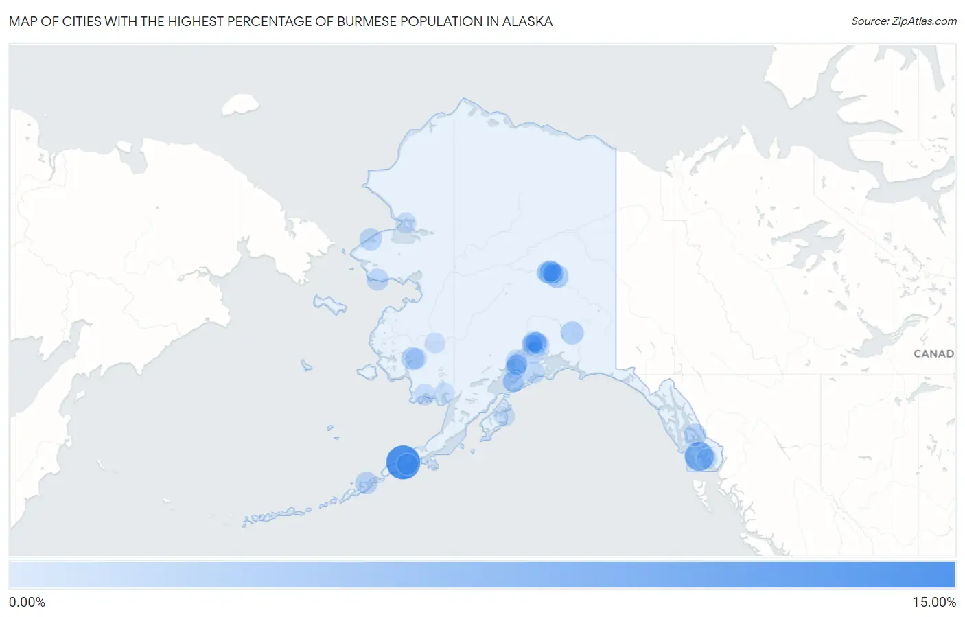 Cities with the Highest Percentage of Burmese Population in Alaska Map