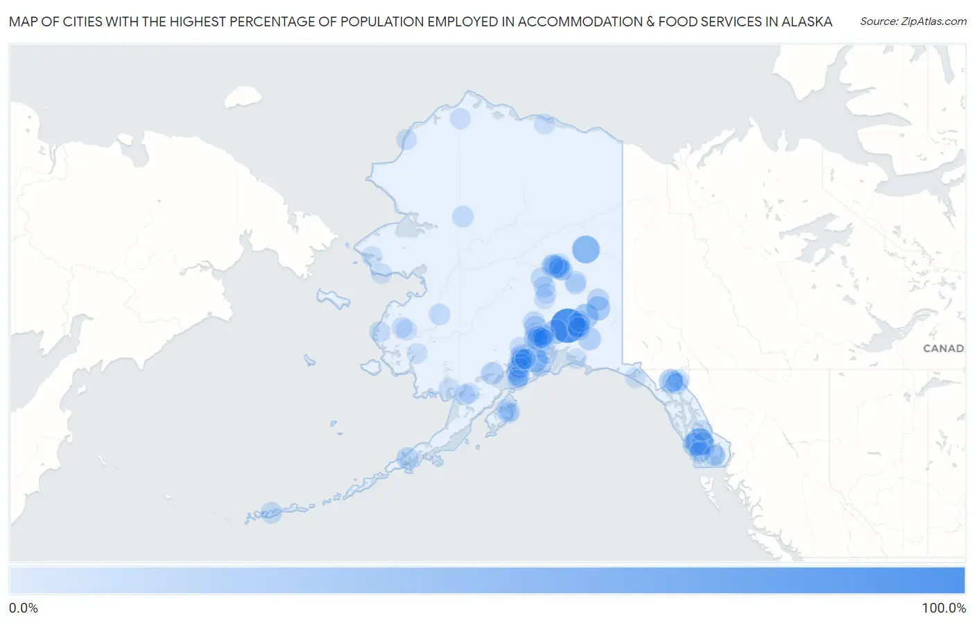 Cities with the Highest Percentage of Population Employed in Accommodation & Food Services in Alaska Map