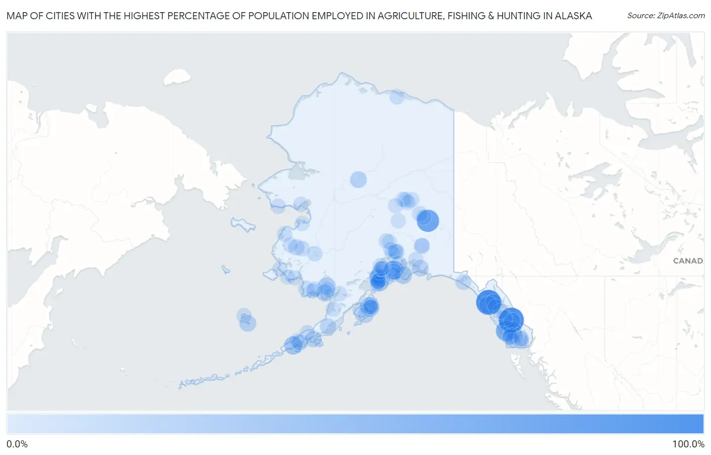 Cities with the Highest Percentage of Population Employed in Agriculture, Fishing & Hunting in Alaska Map
