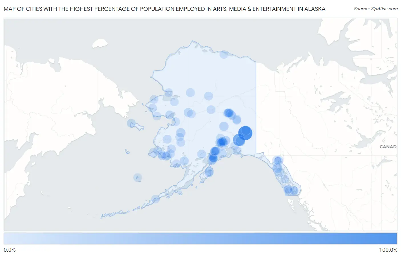 Cities with the Highest Percentage of Population Employed in Arts, Media & Entertainment in Alaska Map