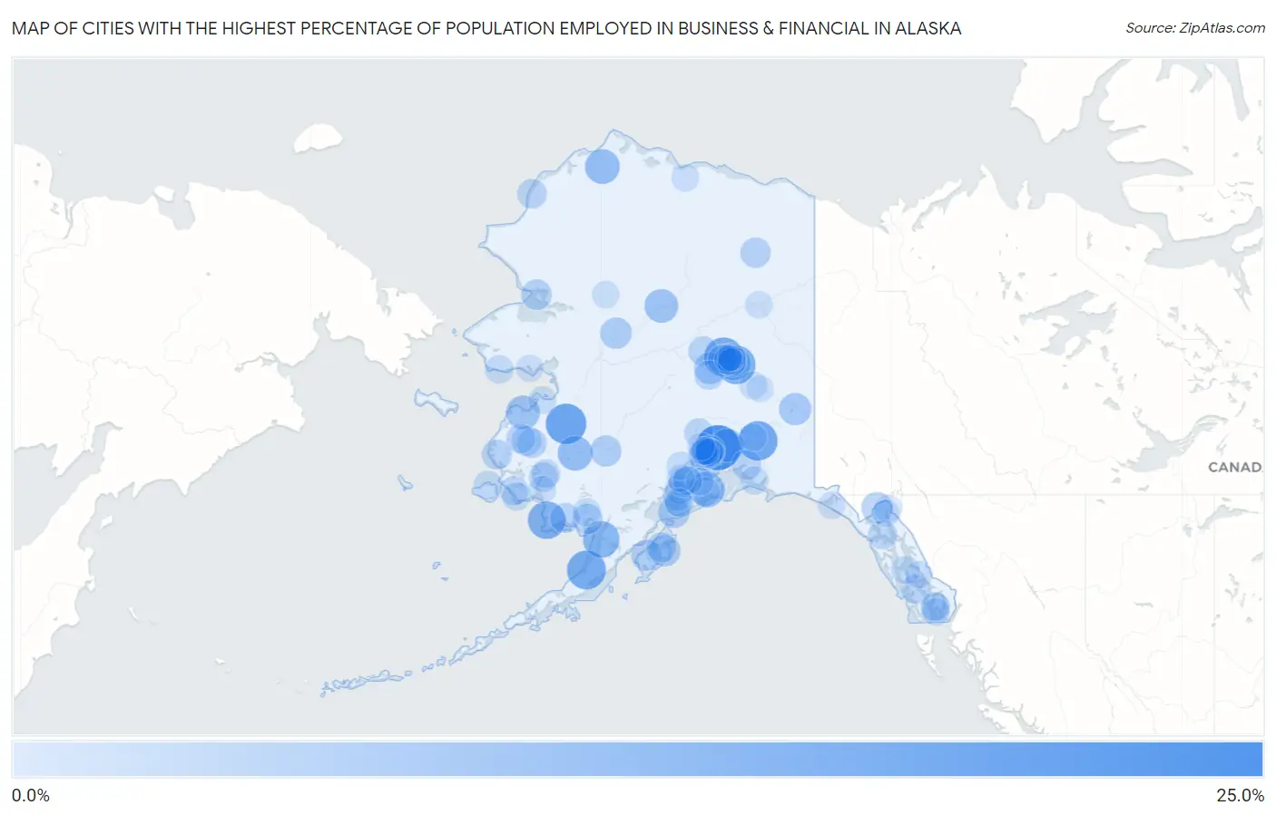Cities with the Highest Percentage of Population Employed in Business & Financial in Alaska Map