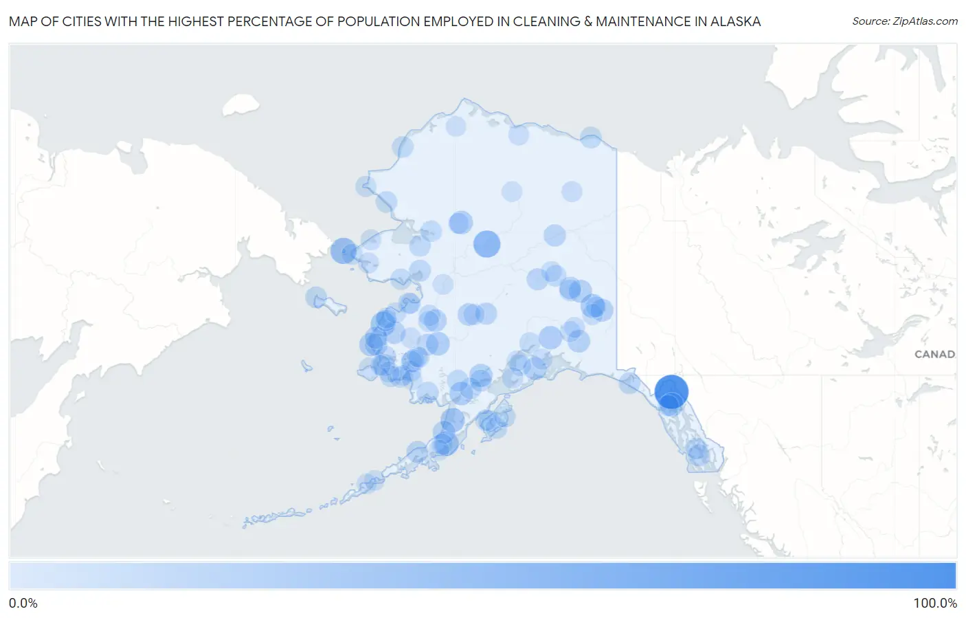 Cities with the Highest Percentage of Population Employed in Cleaning & Maintenance in Alaska Map