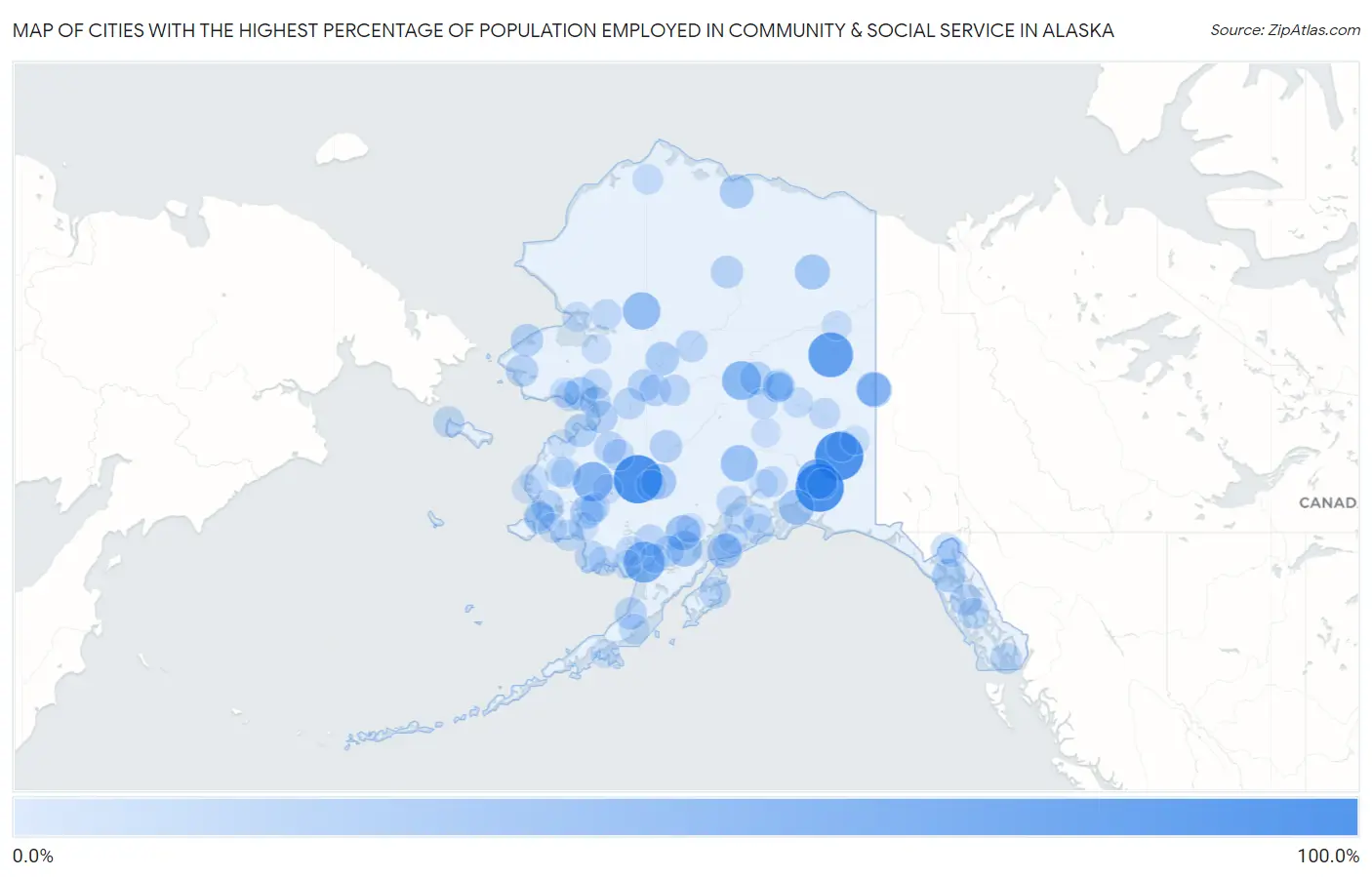 Cities with the Highest Percentage of Population Employed in Community & Social Service  in Alaska Map