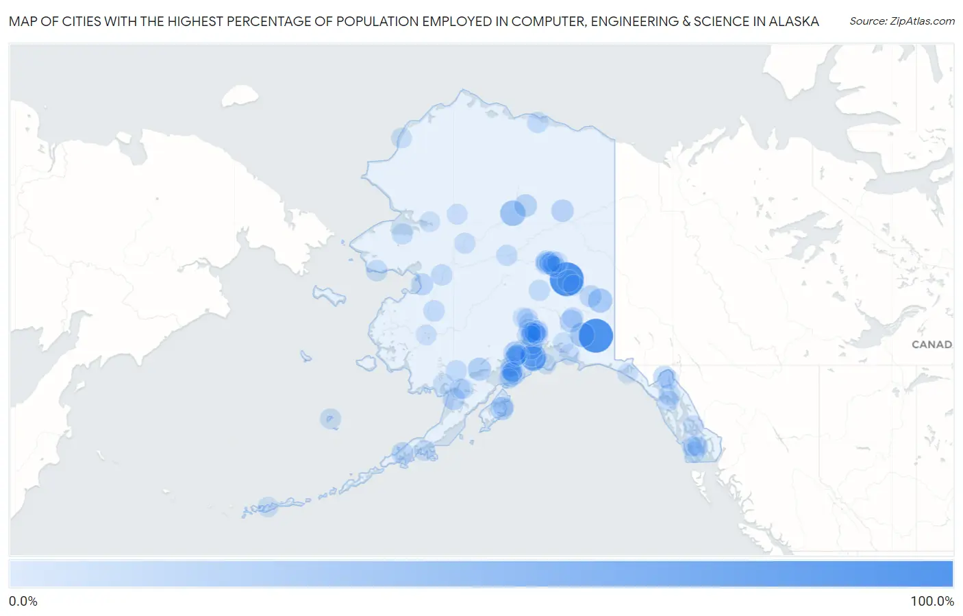 Cities with the Highest Percentage of Population Employed in Computer, Engineering & Science in Alaska Map