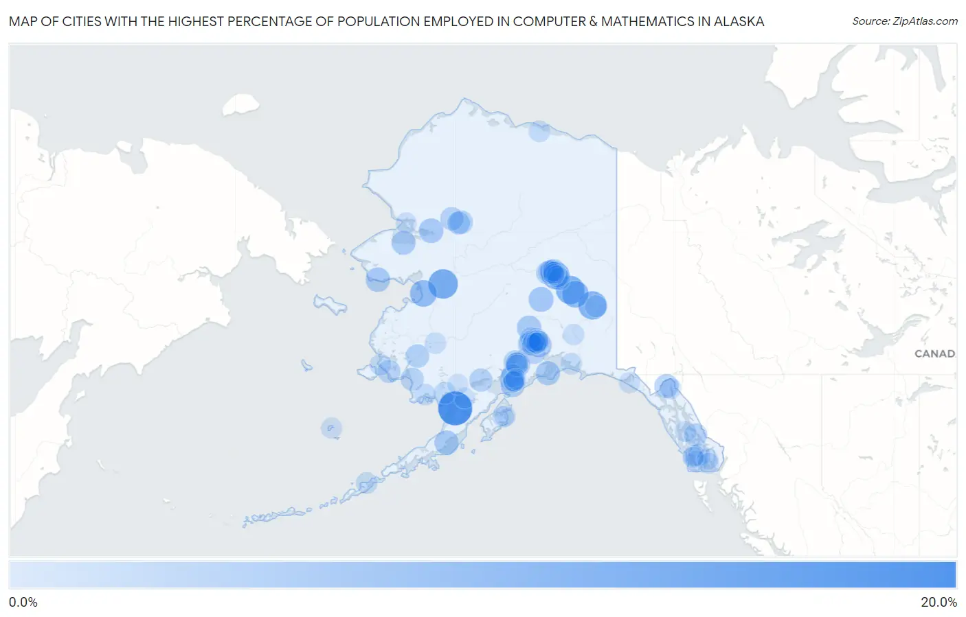 Cities with the Highest Percentage of Population Employed in Computer & Mathematics in Alaska Map