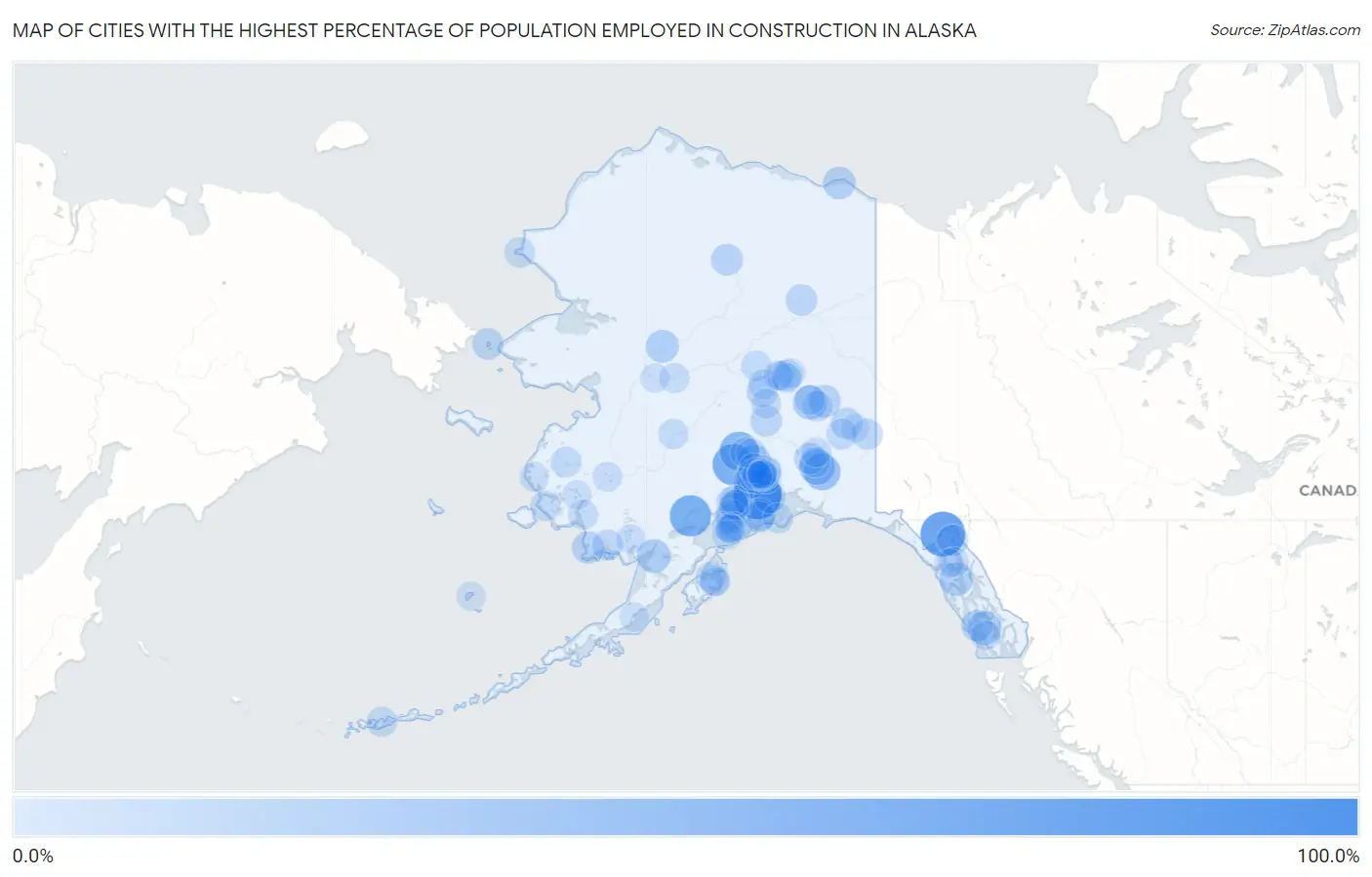 Cities with the Highest Percentage of Population Employed in Construction in Alaska Map