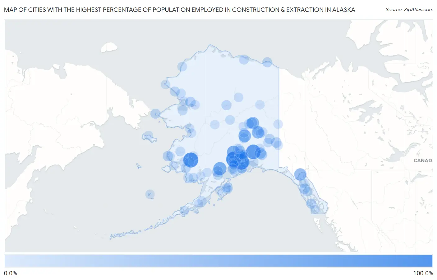 Cities with the Highest Percentage of Population Employed in Construction & Extraction in Alaska Map