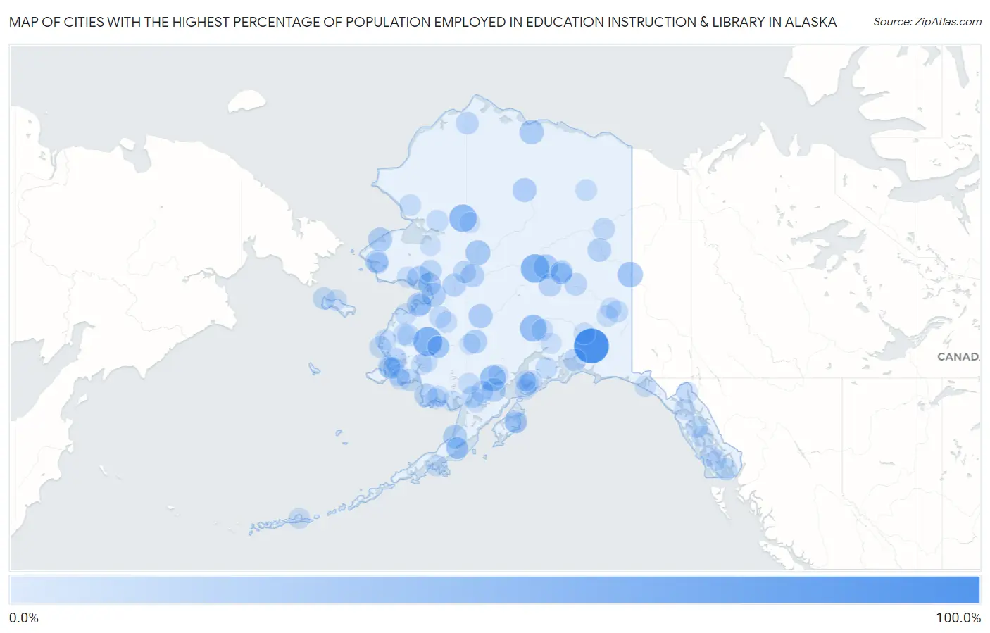 Cities with the Highest Percentage of Population Employed in Education Instruction & Library in Alaska Map