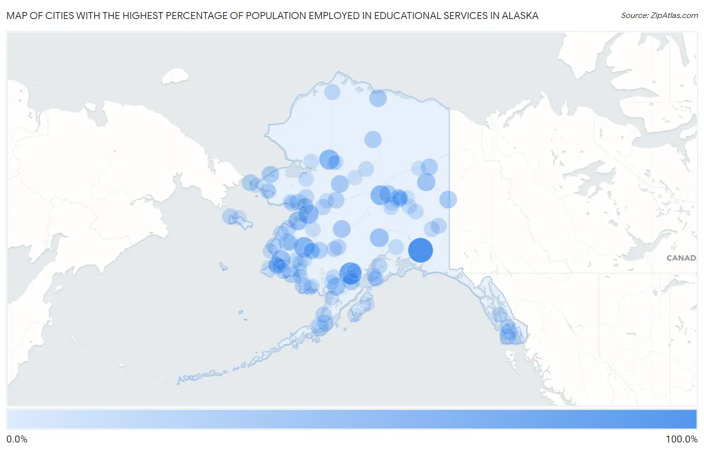 Cities with the Highest Percentage of Population Employed in Educational Services in Alaska Map