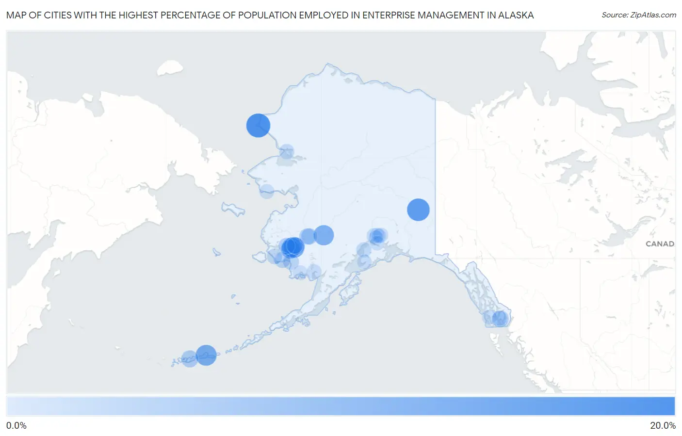 Cities with the Highest Percentage of Population Employed in Enterprise Management in Alaska Map