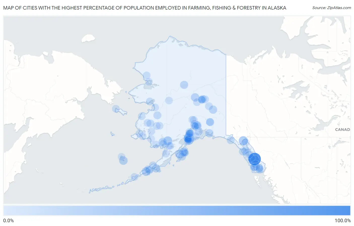 Cities with the Highest Percentage of Population Employed in Farming, Fishing & Forestry in Alaska Map