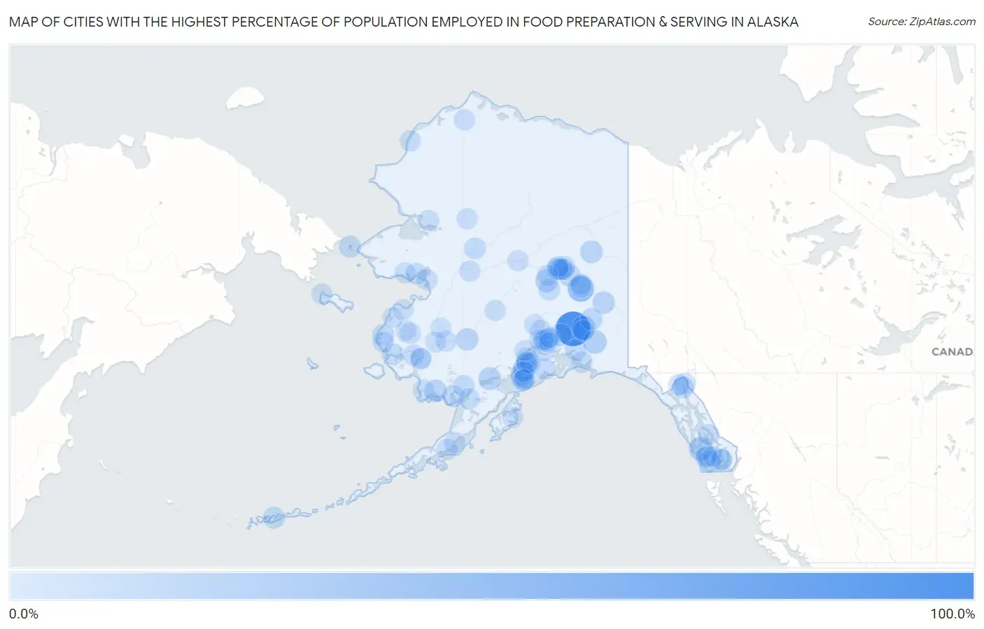 Cities with the Highest Percentage of Population Employed in Food Preparation & Serving in Alaska Map