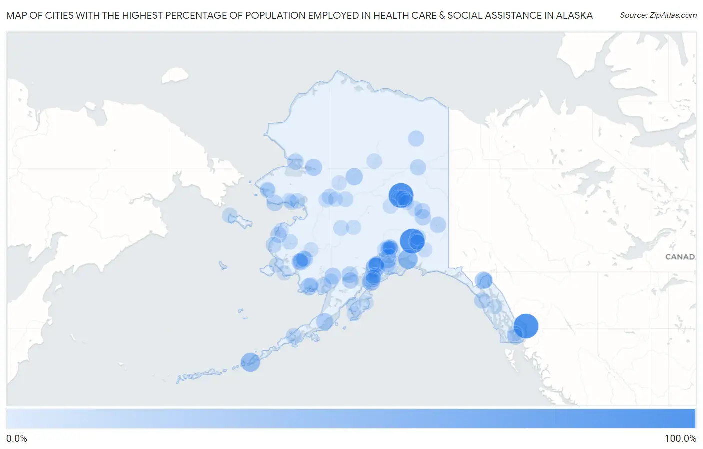Cities with the Highest Percentage of Population Employed in Health Care & Social Assistance in Alaska Map