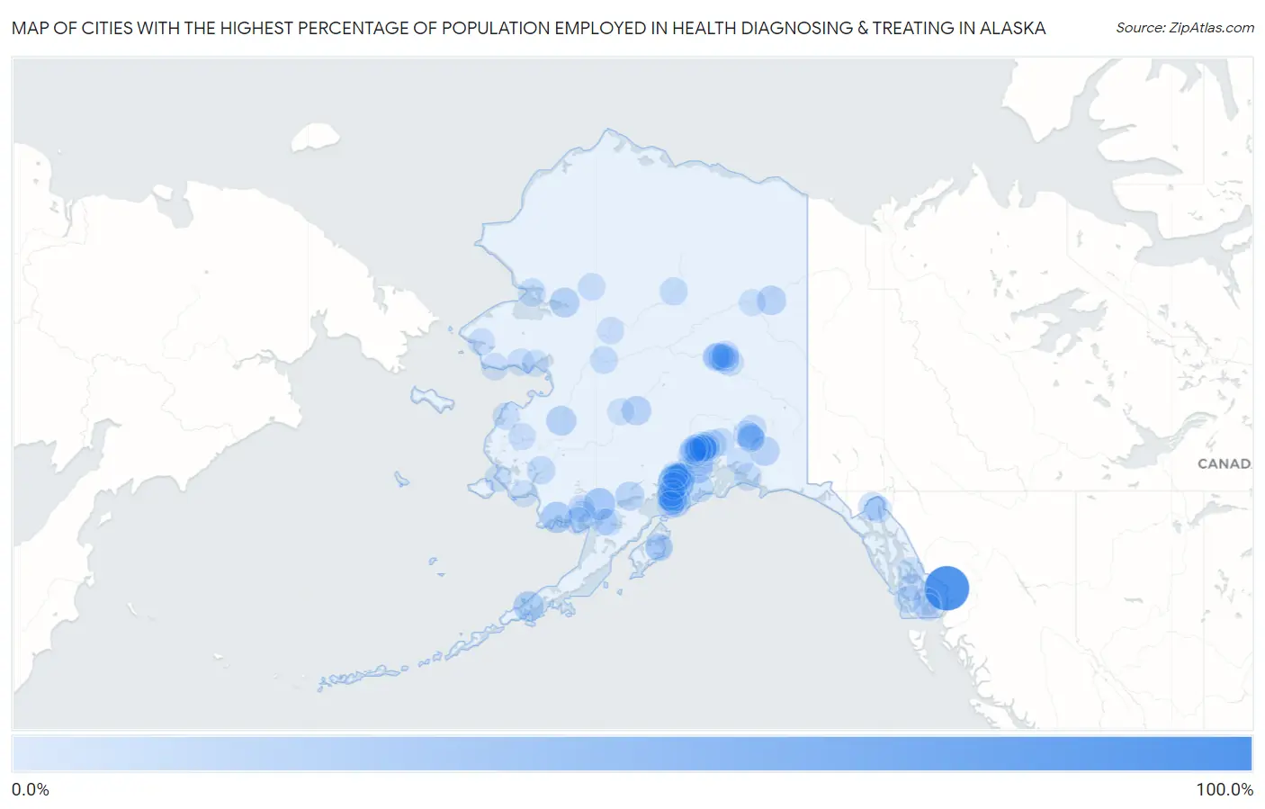 Cities with the Highest Percentage of Population Employed in Health Diagnosing & Treating in Alaska Map