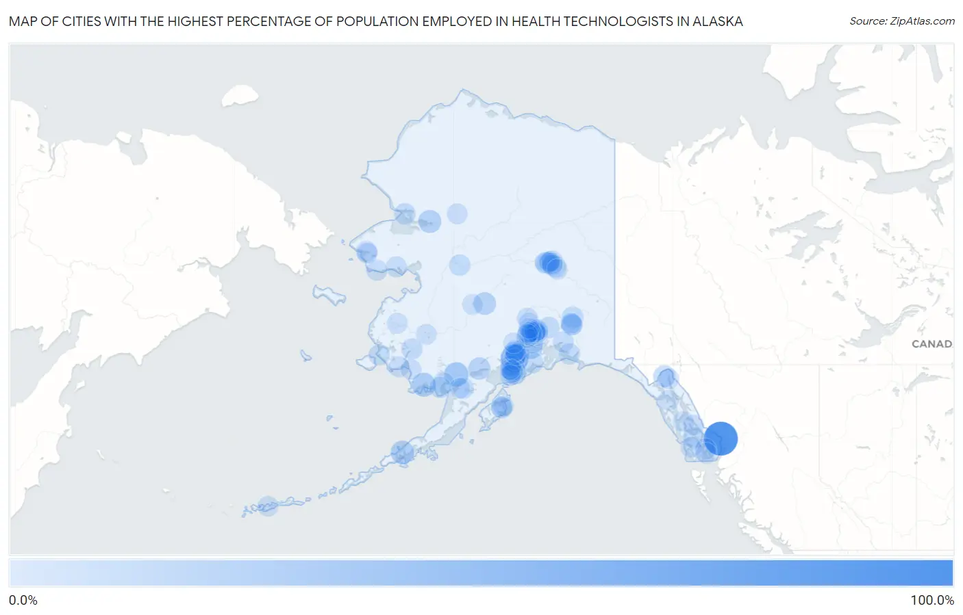 Cities with the Highest Percentage of Population Employed in Health Technologists in Alaska Map