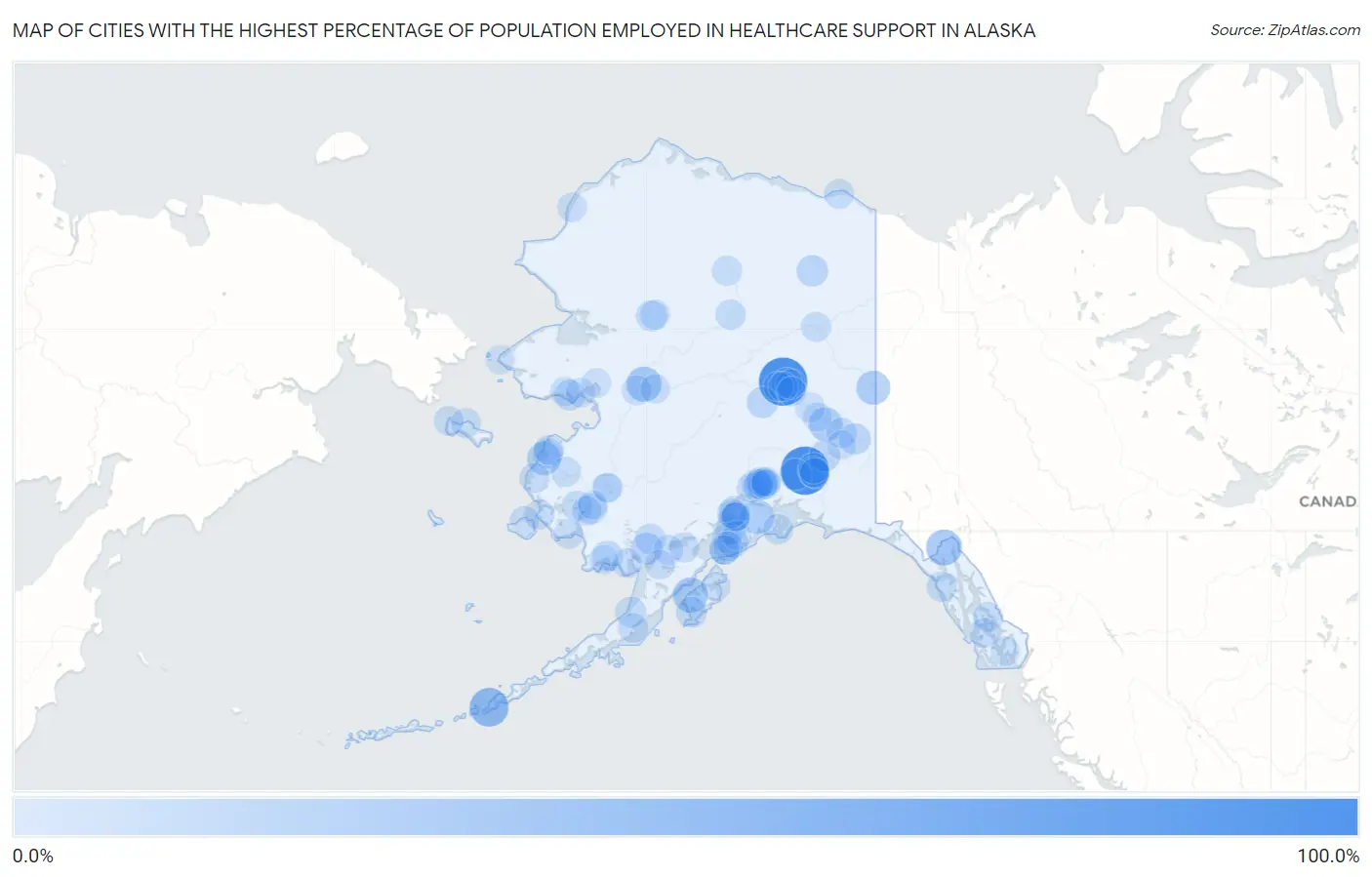 Cities with the Highest Percentage of Population Employed in Healthcare Support in Alaska Map