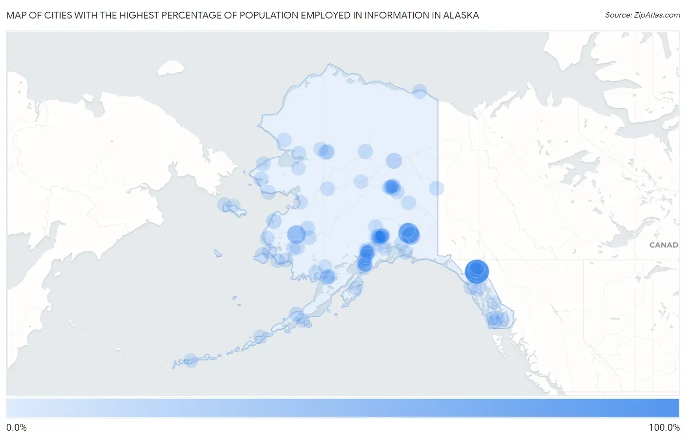 Cities with the Highest Percentage of Population Employed in Information in Alaska Map