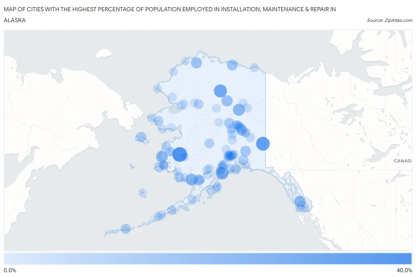 Cities with the Highest Percentage of Population Employed in Installation, Maintenance & Repair in Alaska Map